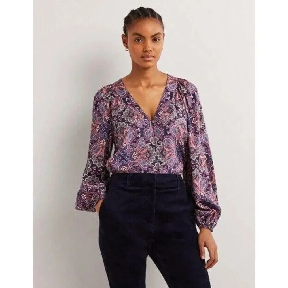 Boden Womens Top Blouse UK 12 US 8 Navy Paisley Border Print V-Neck T1082 NWT